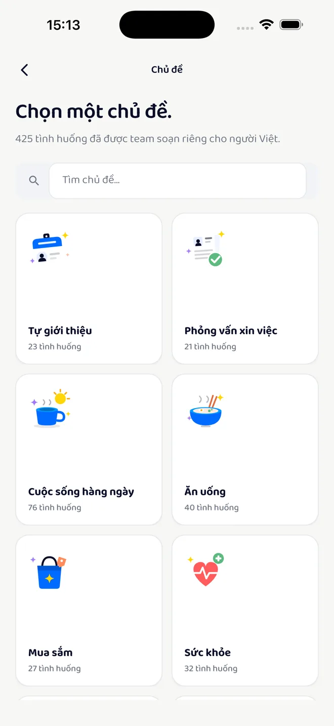 Màn chọn chủ đề hội thoại: Tự giới thiệu, Phỏng vấn xin việc, Cuộc sống hàng ngày, Ăn uống, Mua sắm, Sức khỏe