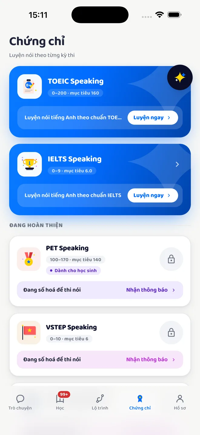 Tab Chứng chỉ với TOEIC Speaking thang 0-200 và IELTS Speaking thang 0-9