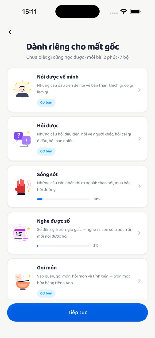 Kệ Dành riêng cho mất gốc gồm các bộ Nói được về mình, Hỏi được, Sống sót, Nghe được số, Gọi món