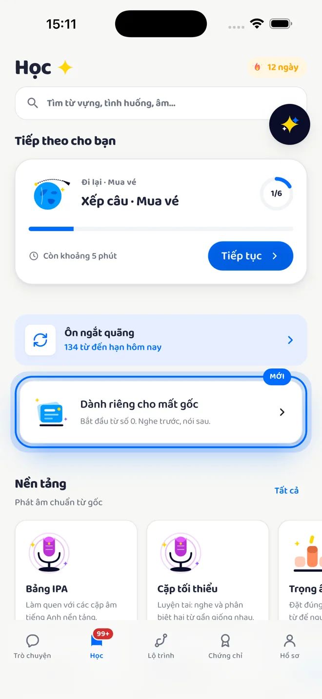 Tab Học với thẻ bài đang dở, mục Ôn ngắt quãng và thẻ Dành riêng cho mất gốc