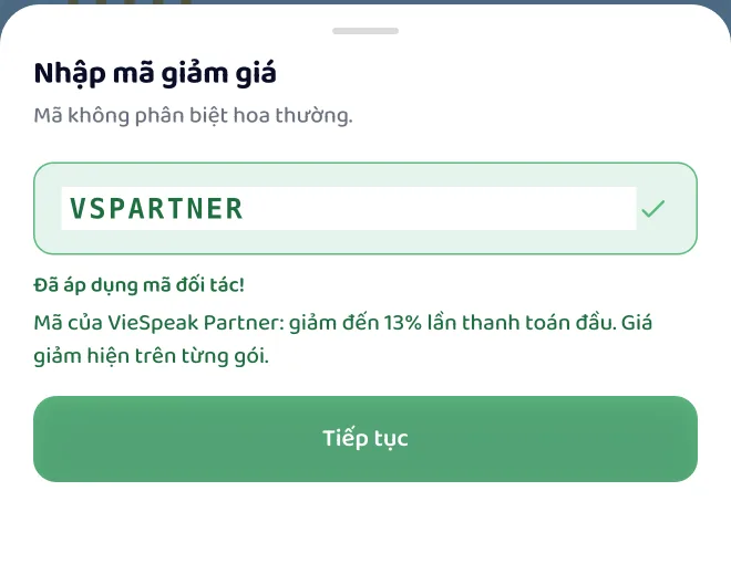 Bảng Nhập mã giảm giá báo Đã áp dụng mã đối tác! kèm tên VieSpeak Partner và mức giảm, nút Tiếp tục