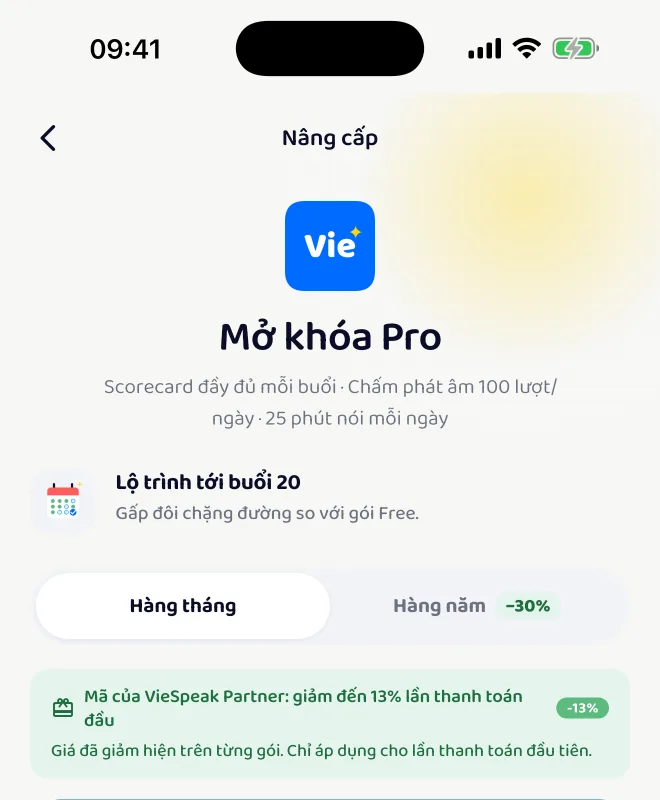 Màn hình Nâng cấp với dải xanh: Mã của VieSpeak Partner, giảm đến 13% lần thanh toán đầu, giá đã giảm hiện trên từng gói