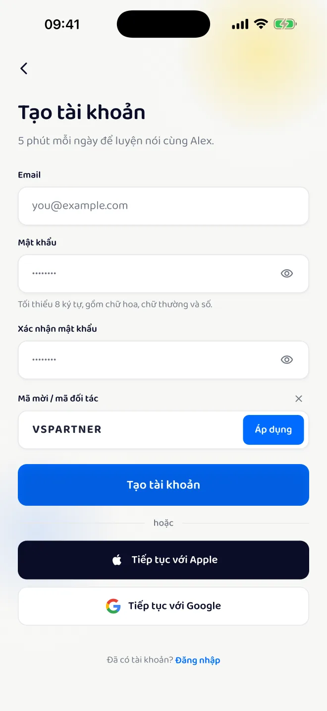 Màn hình Tạo tài khoản với ô Mã mời / mã đối tác đã điền VSPARTNER và nút Áp dụng