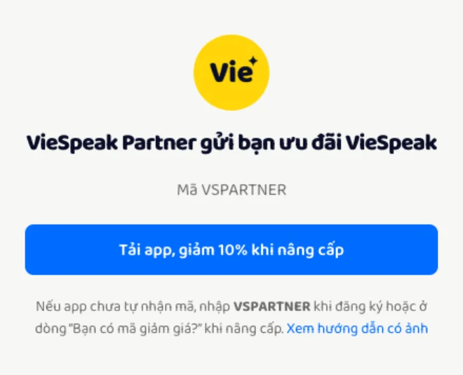 Trang link đối tác: logo, dòng VieSpeak Partner gửi bạn ưu đãi VieSpeak, Mã VSPARTNER, nút Tải app giảm 10% khi nâng cấp