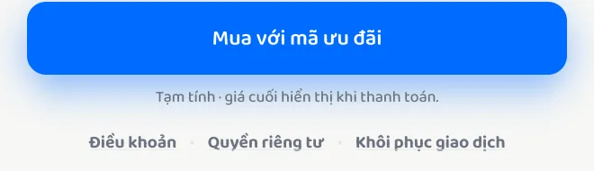 Nút Mua với mã ưu đãi và dòng Tạm tính, giá cuối hiển thị khi thanh toán