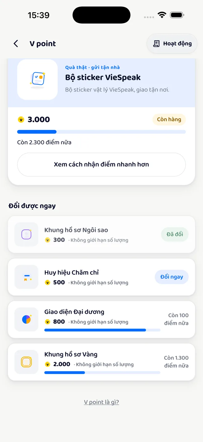 Cửa hàng V point: bộ sticker VieSpeak gửi tận nhà, khung hồ sơ Ngôi sao đã đổi, huy hiệu Chăm chỉ, giao diện Đại dương và khung hồ sơ Vàng