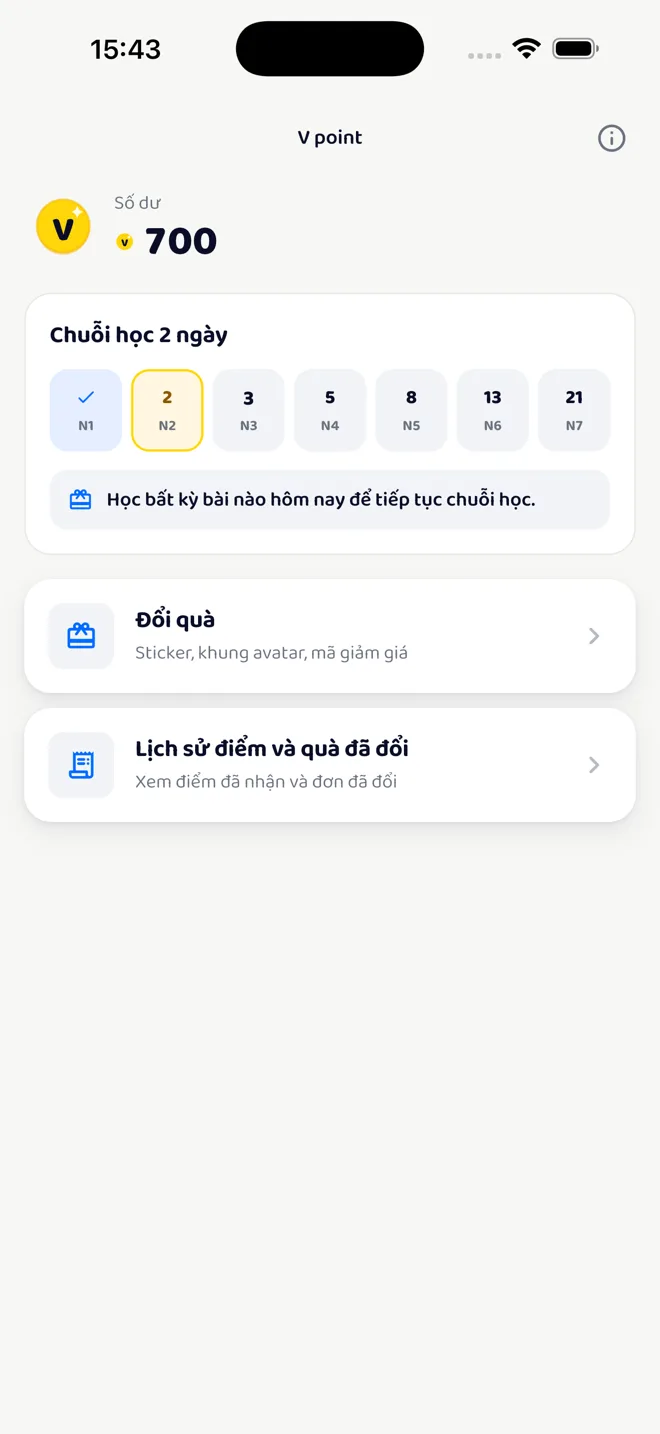 Màn hình V point: số dư, dãy điểm danh N1 đến N7 với các số 1, 2, 3, 5, 8, 13, 21, và hai hàng Đổi quà, Lịch sử điểm