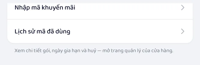 Mục Nhập mã khuyến mãi và Lịch sử mã đã dùng trong màn hình Cài đặt