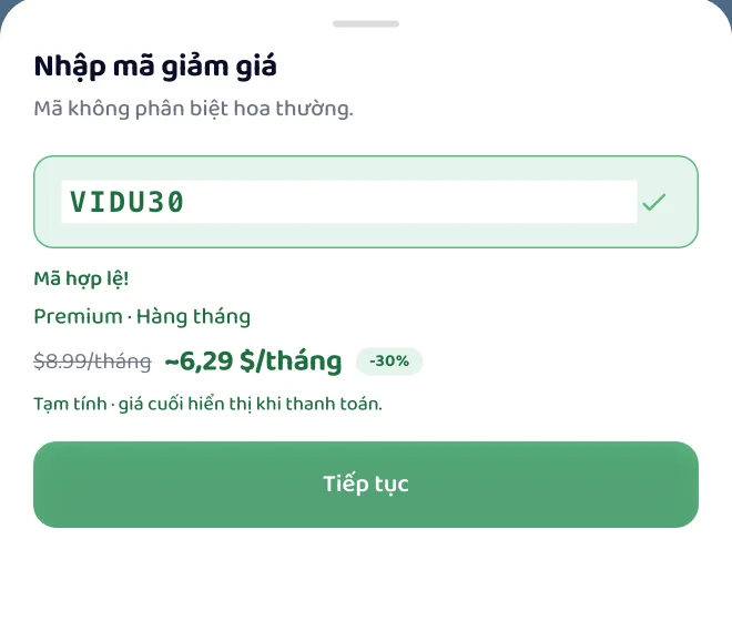 Bảng Nhập mã giảm giá báo Mã hợp lệ, gói Premium hàng tháng, giá gốc gạch ngang, giá sau giảm và nhãn -30%, nút Tiếp tục