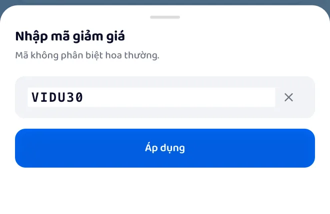 Bảng Nhập mã giảm giá với mã VIDU30 đã gõ và nút Áp dụng